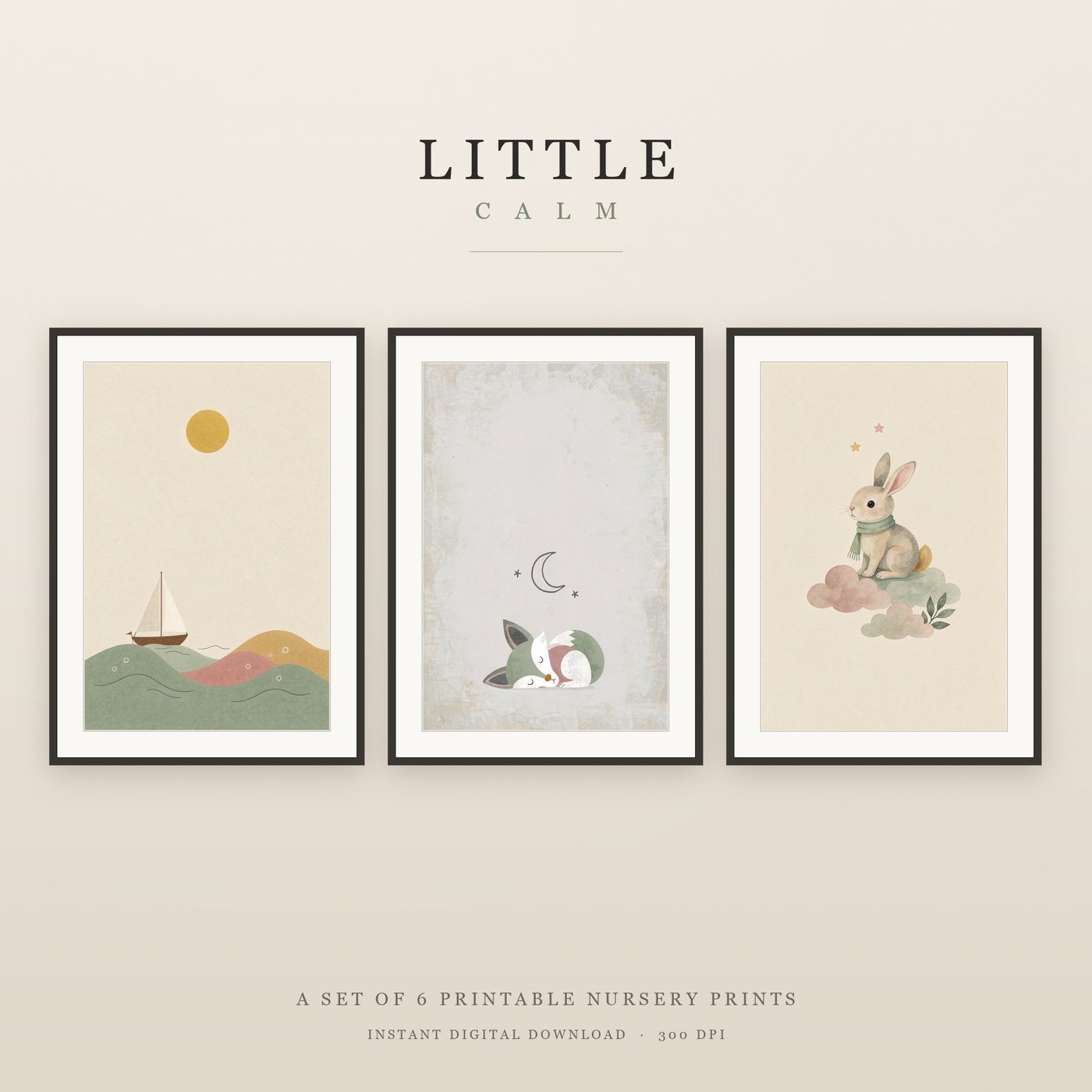 Minimalist nursery with muted framed prints on a pale wall