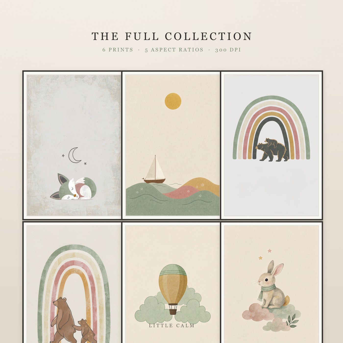 Six minimalist nursery prints in a coordinated muted palette