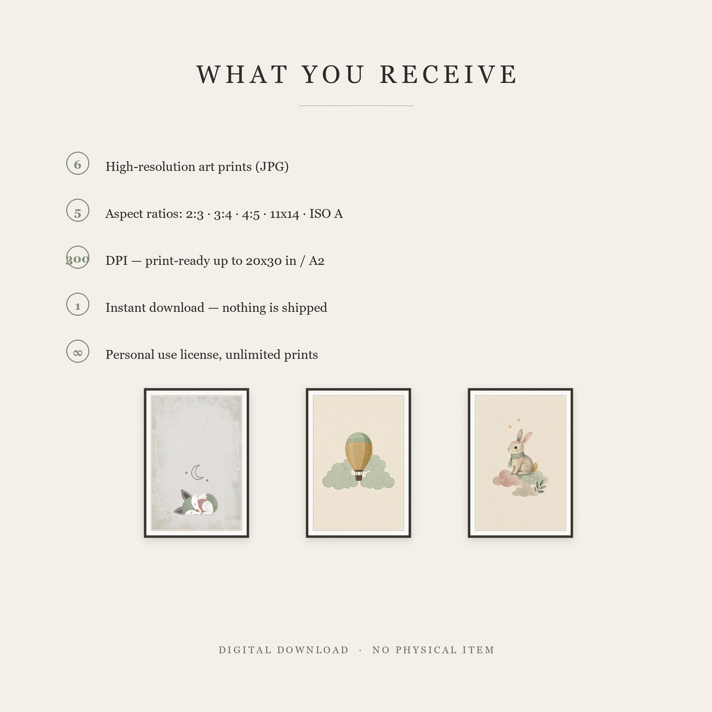 What is included in a printable wall art set: six prints in five aspect ratios at 300 DPI