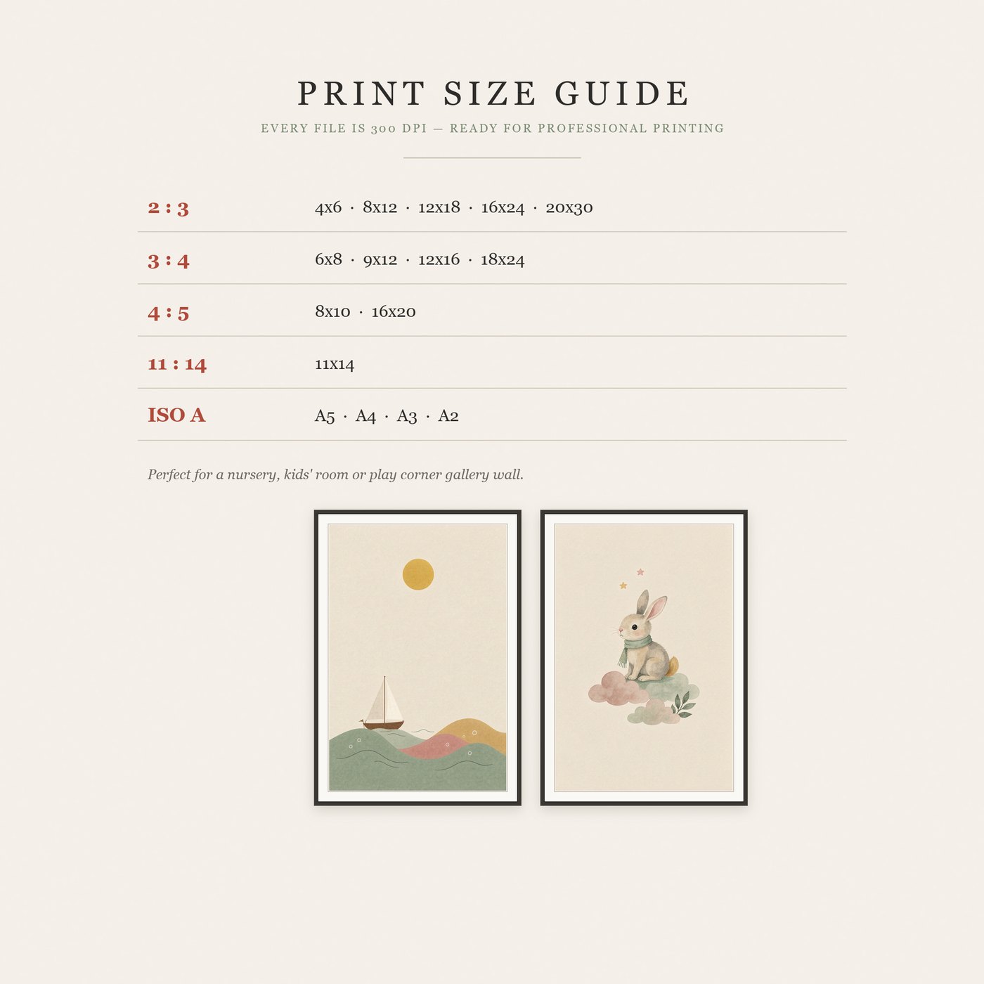 Size guide showing five aspect ratios for the Little Calm nursery prints